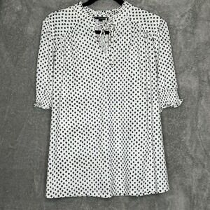 Adrianna Papell XL Shirt Top White Polka Dot Ballon Short Sleeve Keyhole V Neck